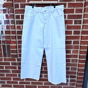 H&M &Denim White Jeans Womens Sz 14 Baggy Wide Leg Loose Fit Low Waist Buttonfly